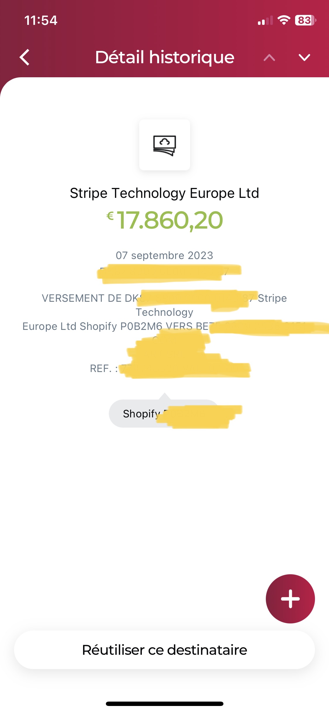 Témoignage de Client : versement Stripe de 17.860,20 € reçu via Shopify le 7 septembre 2023.