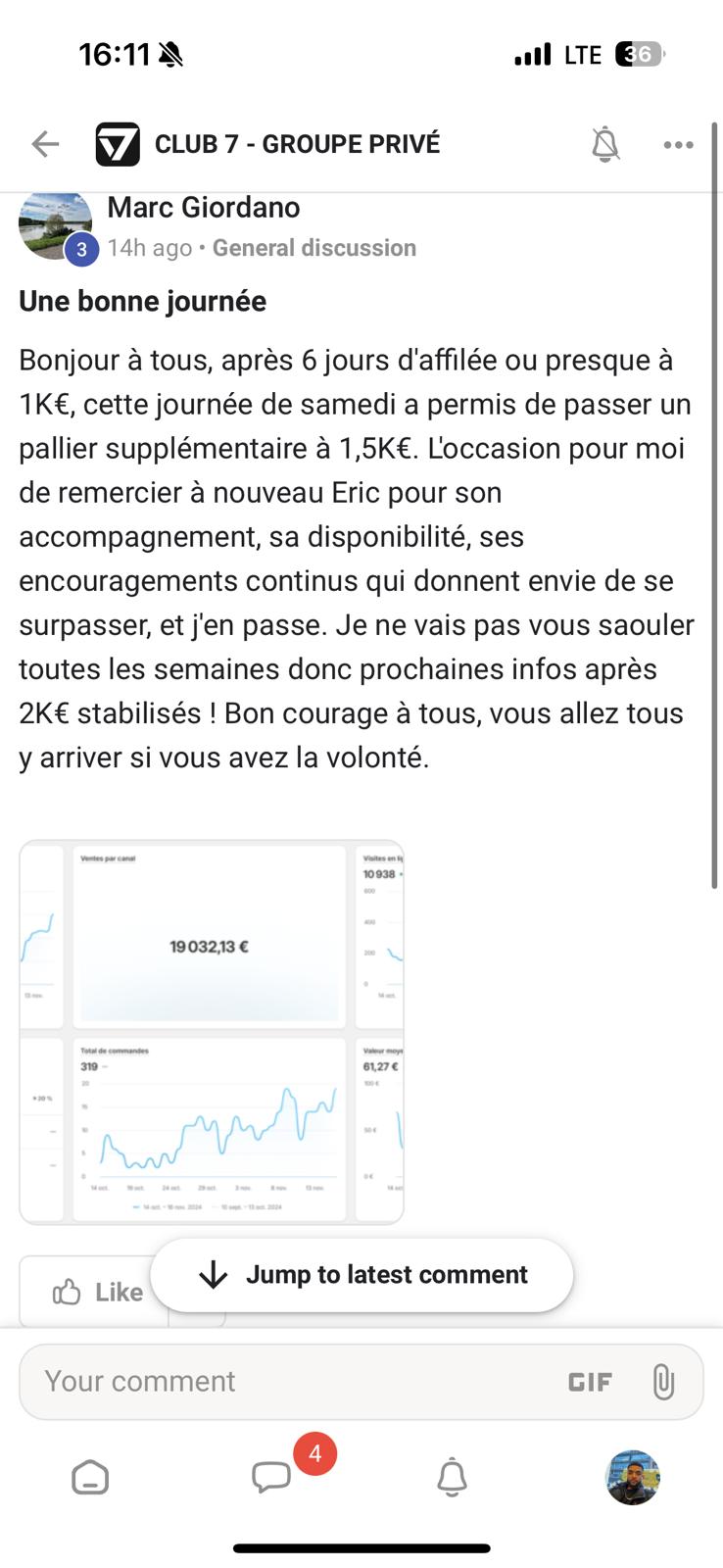 Témoignage de Marc : palier de 1,5K€ atteint après un accompagnement personnalisé.