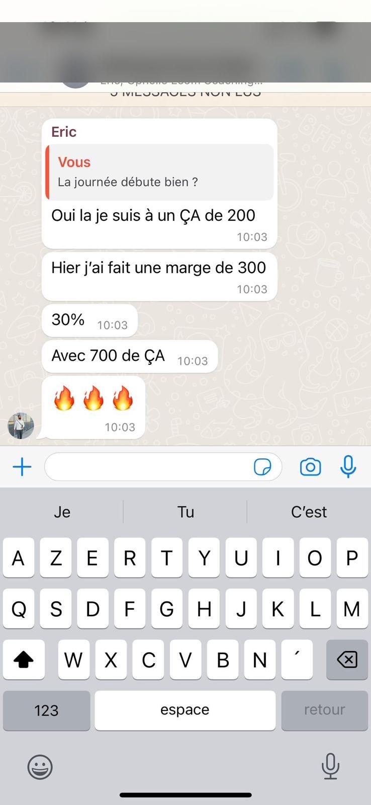 Témoignage whatsapp de Eric : 30% de marge et 700€ de CA en e-commerce