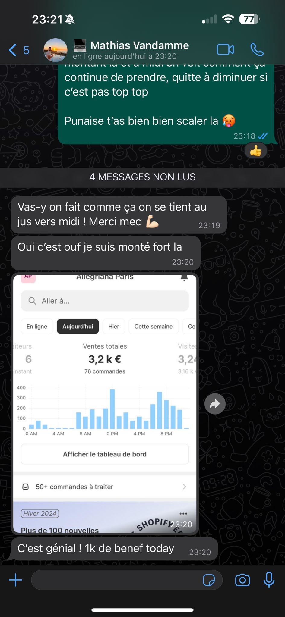 Témoignage WhatsApp de Mathias : 1k€ de bénéfice en une journée sur Shopify